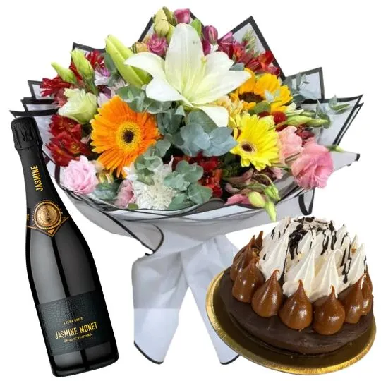 Ramo de flores de estacion con torta y espumante